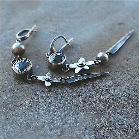 Antique Silver Flower Star Zircon Geometric Dangle Handmade Unique Earrings - Picture 4 of 5